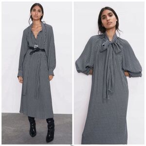 Zara Black and White Houndstooth Print Dress with Tie
